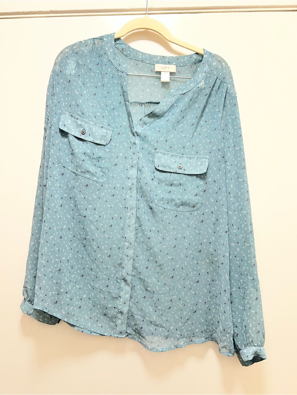 LOFT Teal Blue Tiny Print Button-Front Blouse